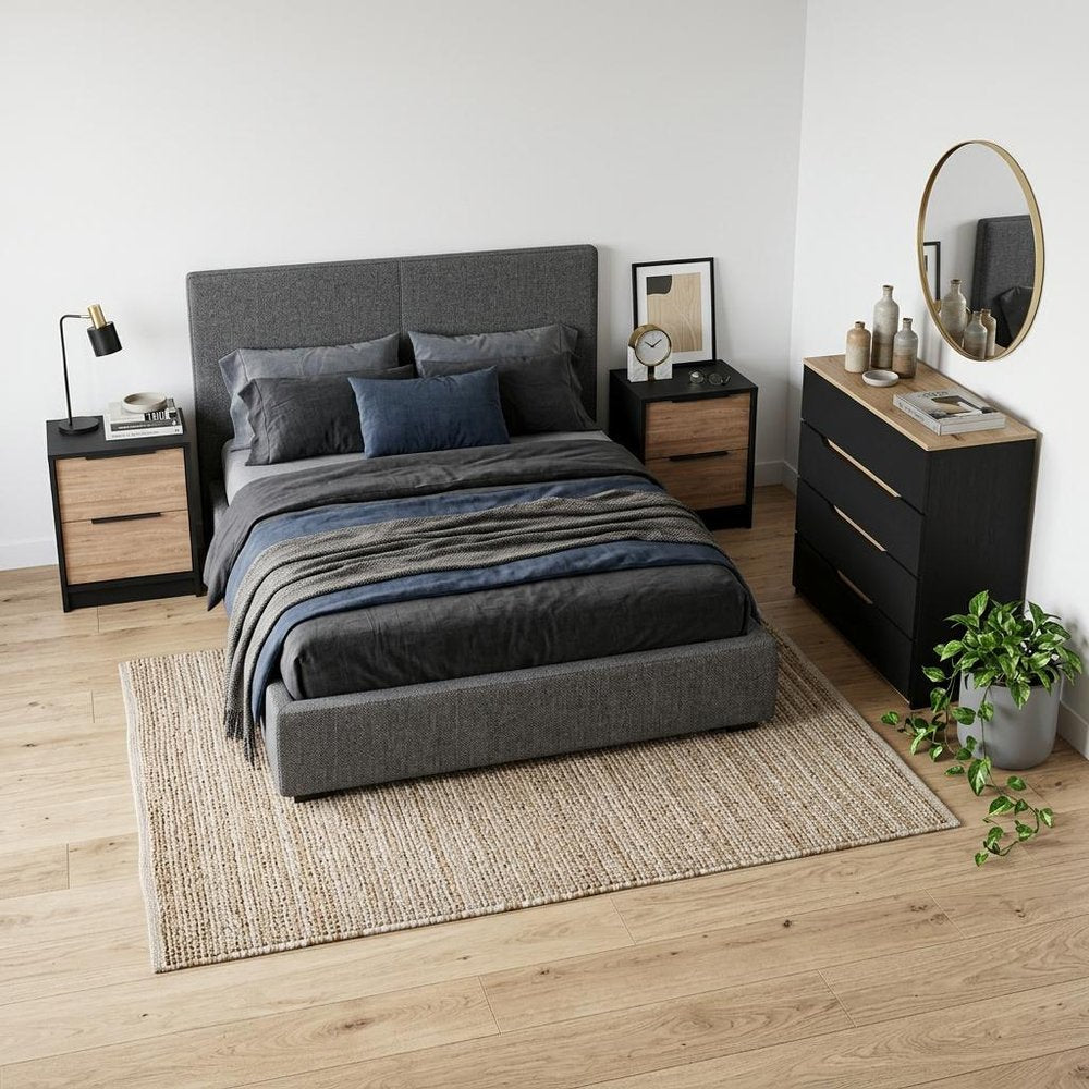 Three Piece Black Natural And Oak Bedroom Set