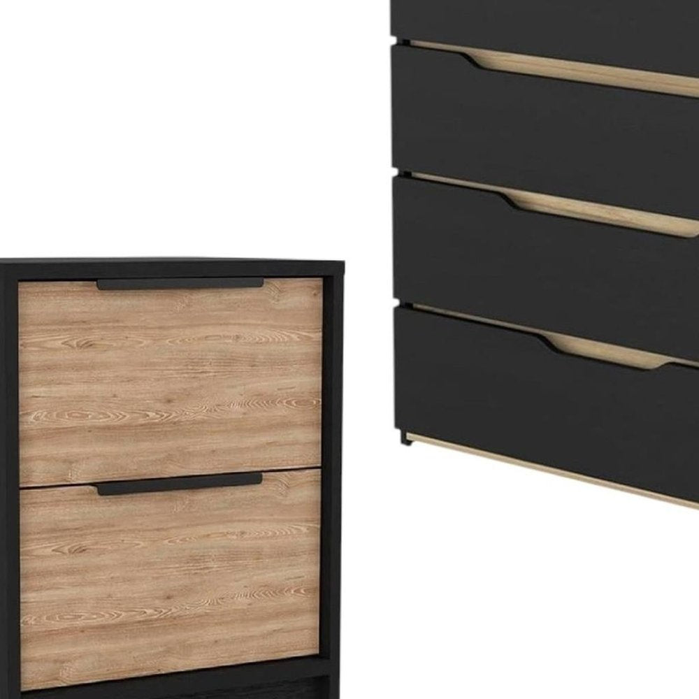 Three Piece Black Natural And Oak Bedroom Set