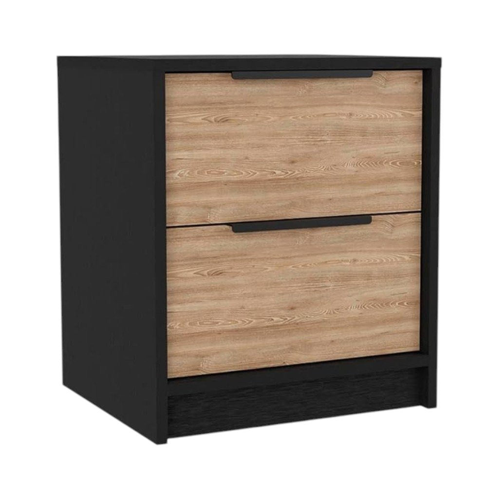 Three Piece Black Natural And Oak Bedroom Set on a white background
