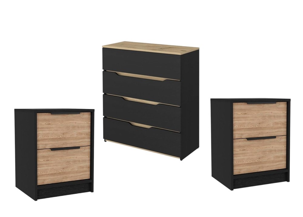 Three Piece Black Natural And Oak Bedroom Set on a white background