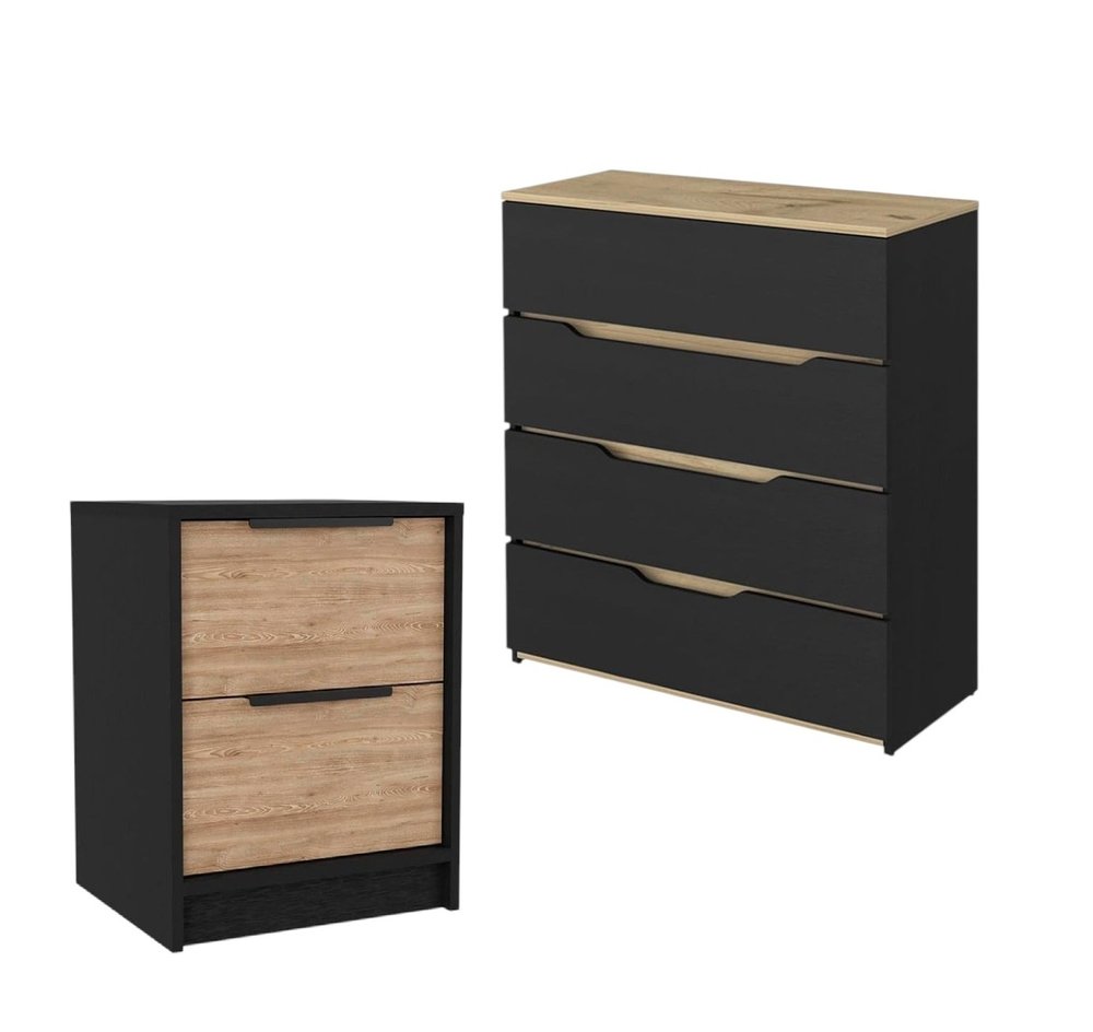 Two Piece Black Natural And Oak Bedroom Set on a white background