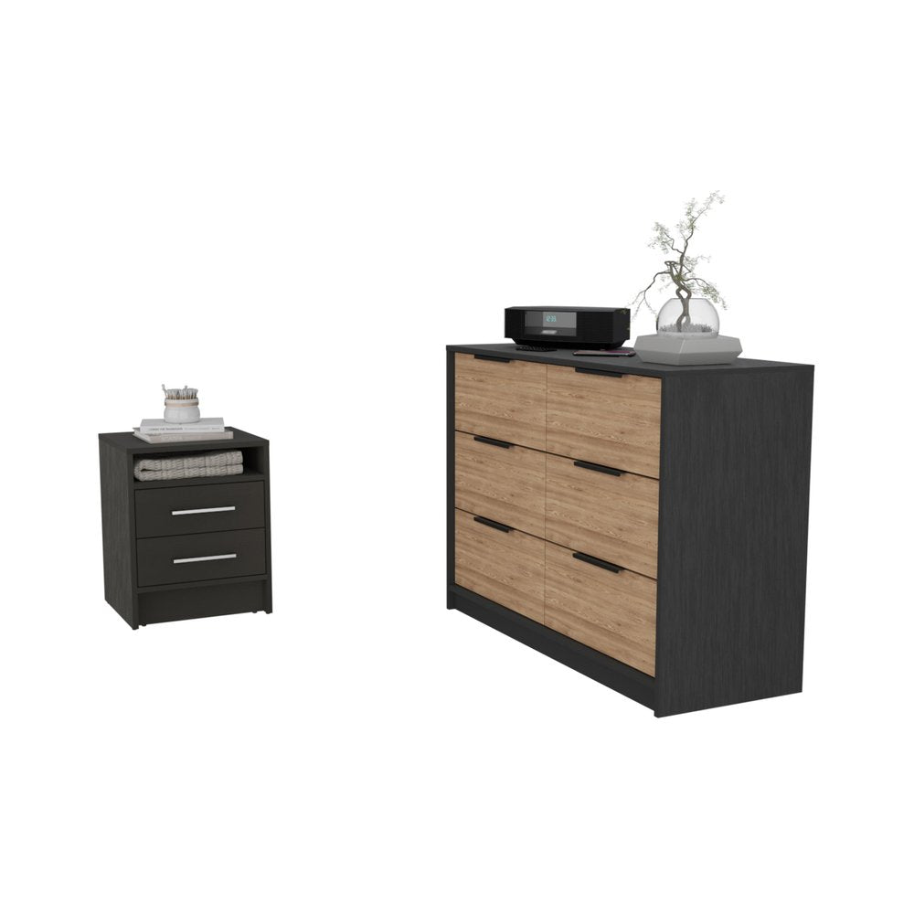 Two-piece black and gray bedroom set with a nightstand and a dresser, featuring wood-grain drawer fronts and black hardware.