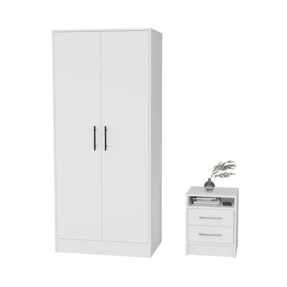 White two-door wardrobe and matching nightstand with two drawers, displayed on a white background.