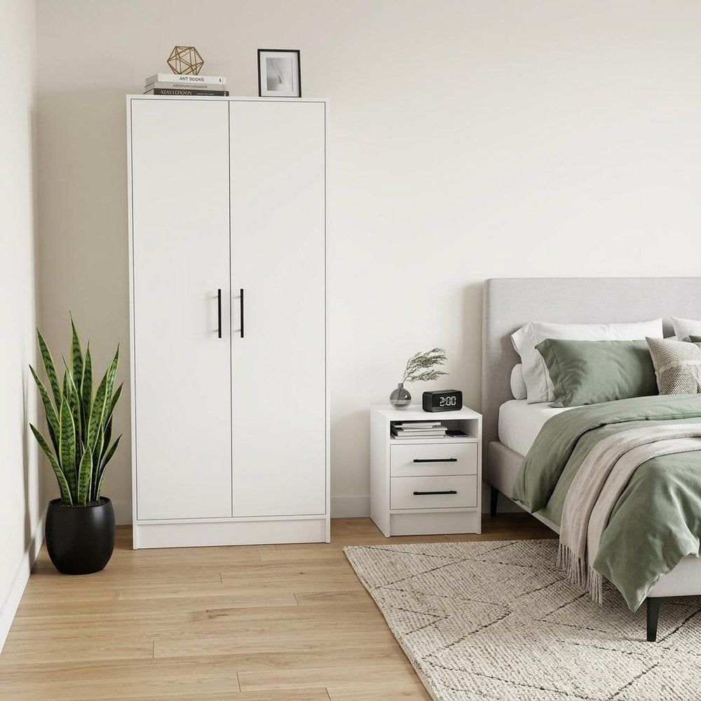 Two Piece White Bedroom Set - with Nightstand and Armoire - 71.10" H x 31.50" W x 19.69" D on a white background