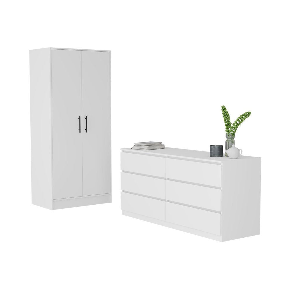 Two-piece white bedroom set featuring a tall wardrobe with two doors and a long dresser with six drawers, set against a white background.