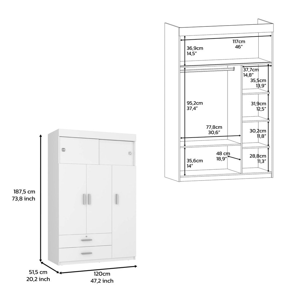 Two Piece White Bedroom Set - 73.80" H x 47.20" W x 20.20" D on a white background
