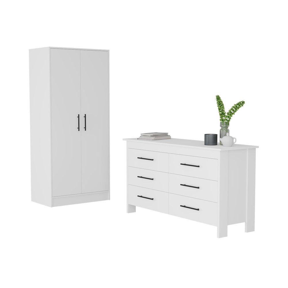 White two-piece bedroom set with a tall wardrobe and a six-drawer dresser on a white background.