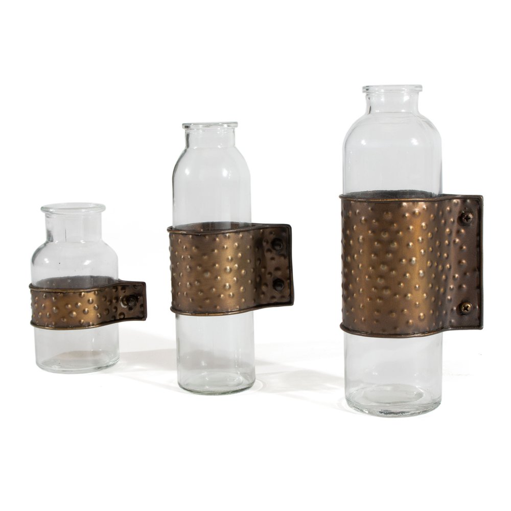Set of Three Clear and Bronze Hammered Cylinder Metal and Glass Table Vase on a white background