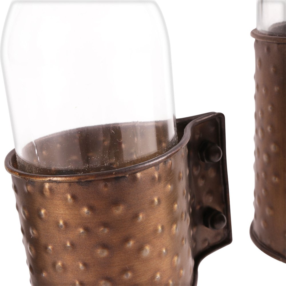 Set of Three Clear and Bronze Hammered Cylinder Metal and Glass Table Vase on a white background