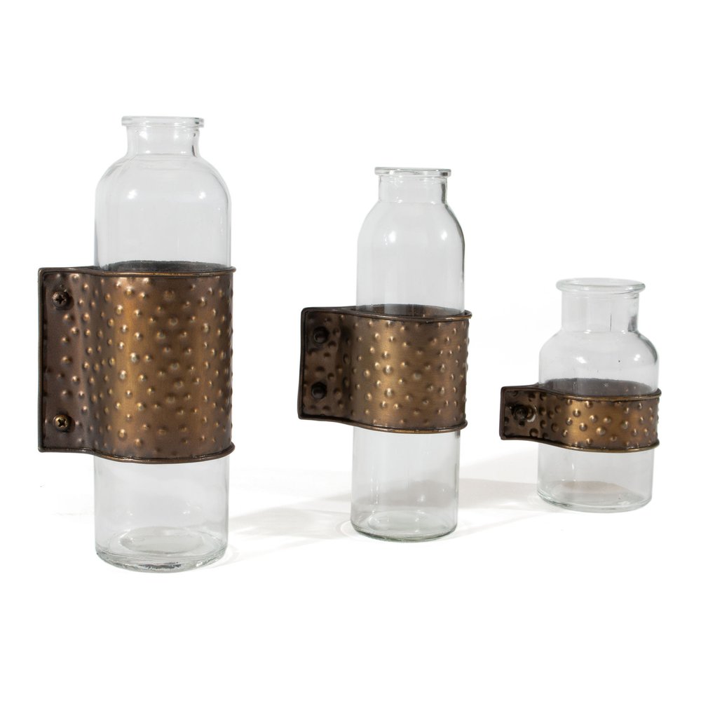Set of Three Clear and Bronze Hammered Cylinder Metal and Glass Table Vase on a white background