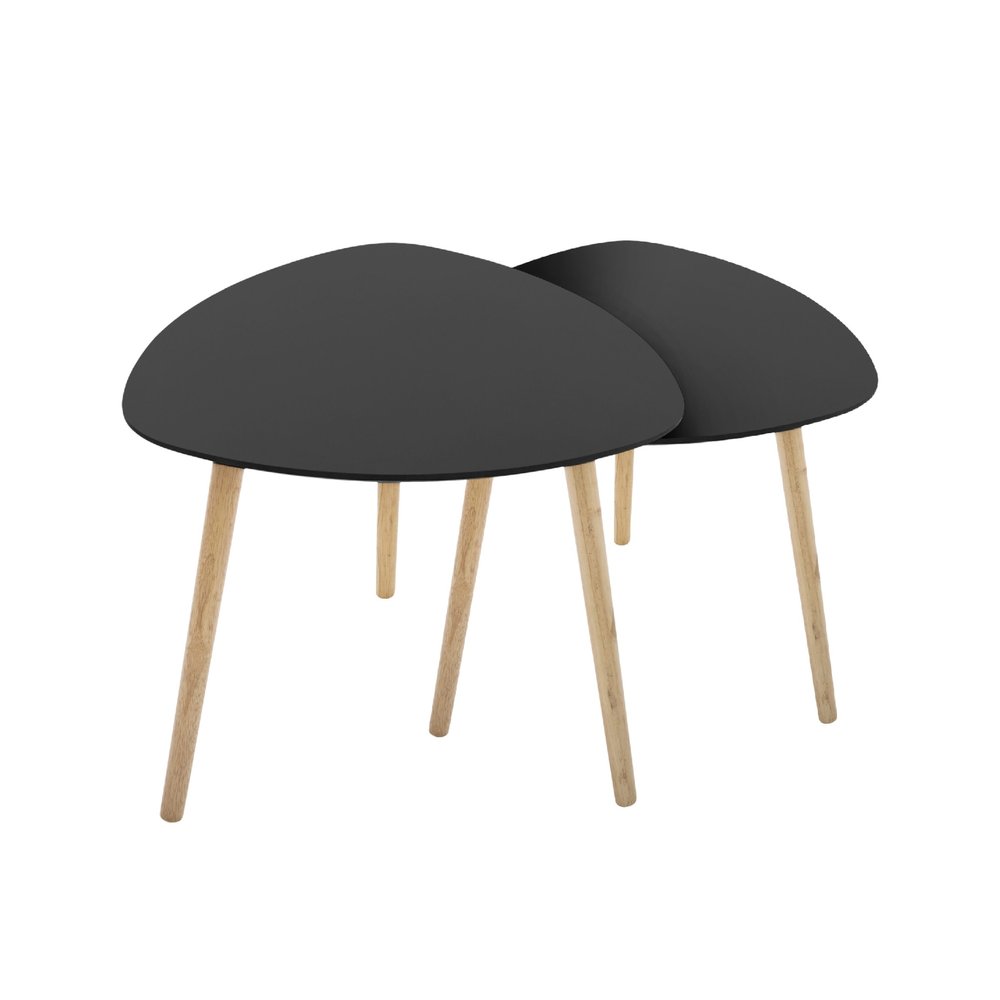 Set of Two Black and Natural Wood Triangular End Tables