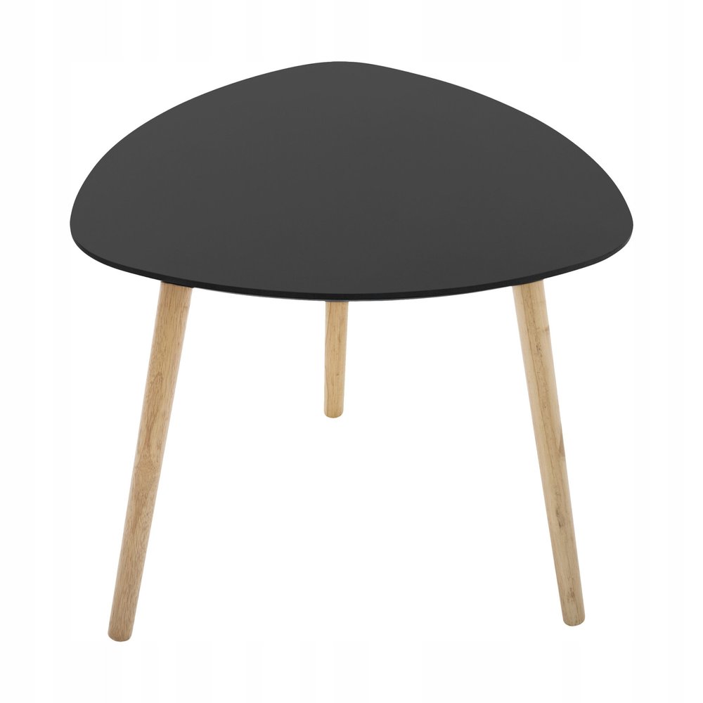Black triangular tabletop with three natural wood legs on a white background.
