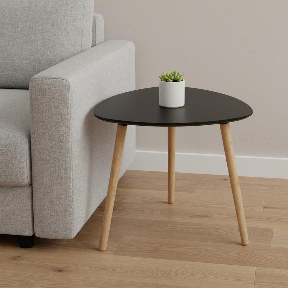 Set of Two Black and Natural Wood Triangular End Tables
