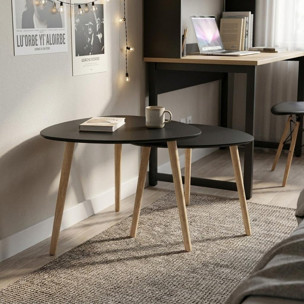 Set of Two Black and Natural Wood Triangular End Tables