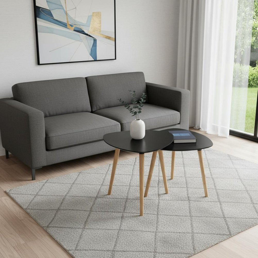 Set of Two Black and Natural Wood Triangular End Tables
