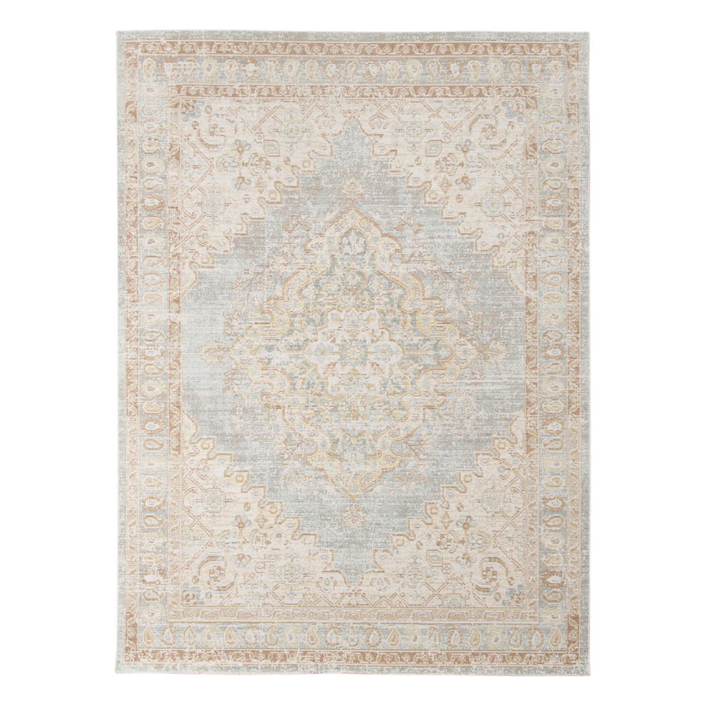 9' X 13' Tan And Gray Medallion Distressed Area Rug on a white background