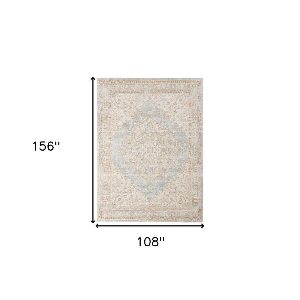 9' X 13' Tan And Gray Medallion Distressed Area Rug on a white background