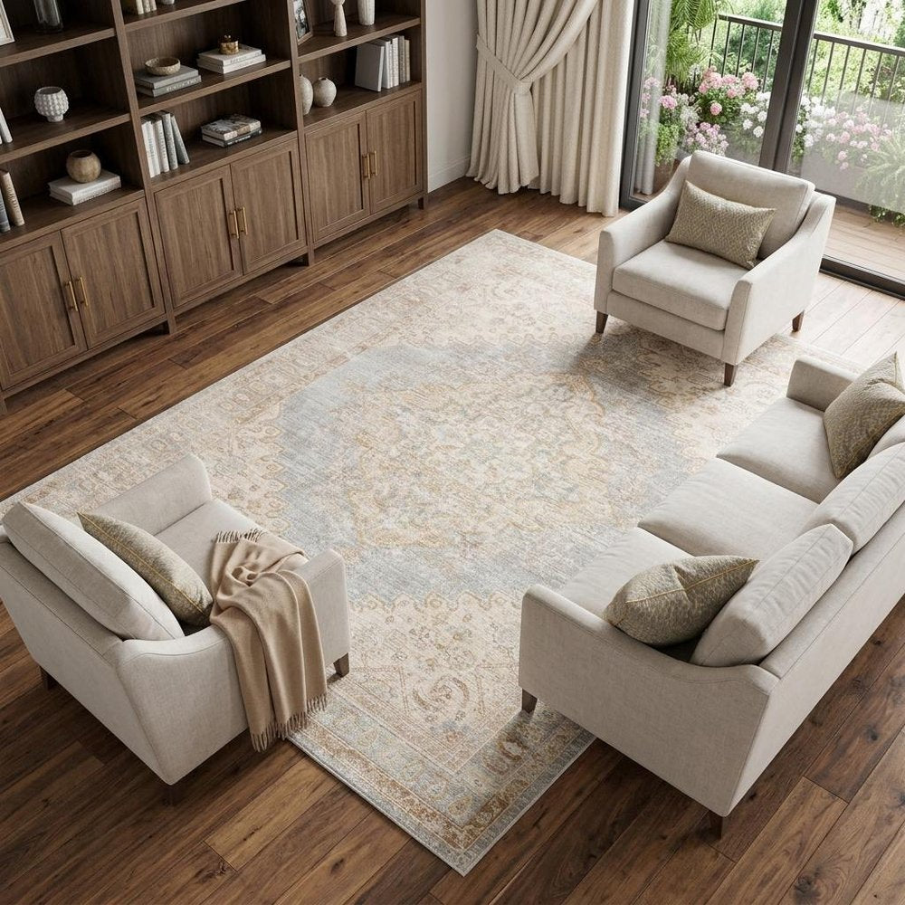 9' X 13' Tan And Gray Medallion Distressed Area Rug in a home interior