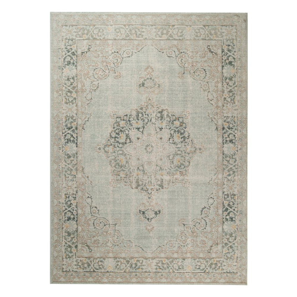 9' X 13' Tan And Light Green Medallion Area Rug on a white background