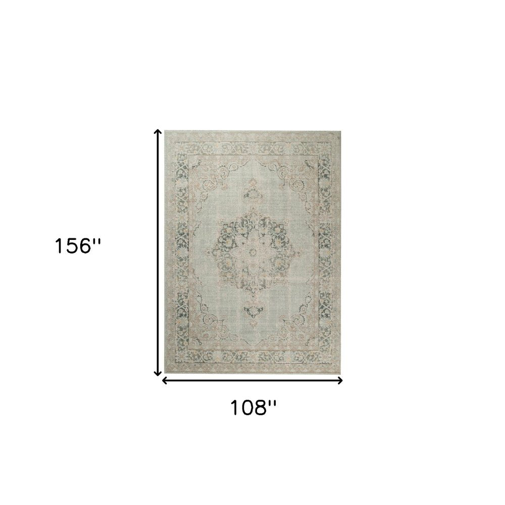9' X 13' Tan And Light Green Medallion Area Rug on a white background