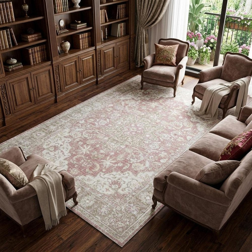 9' X 13' Pink And Gray Medallion Area Rug