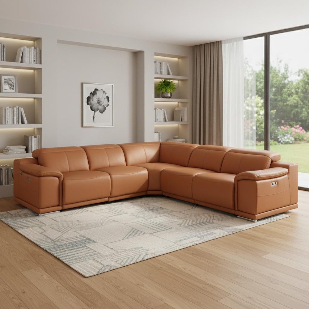 Camel Italian Leather Modular L Shaped Five Piece Corner Sectional