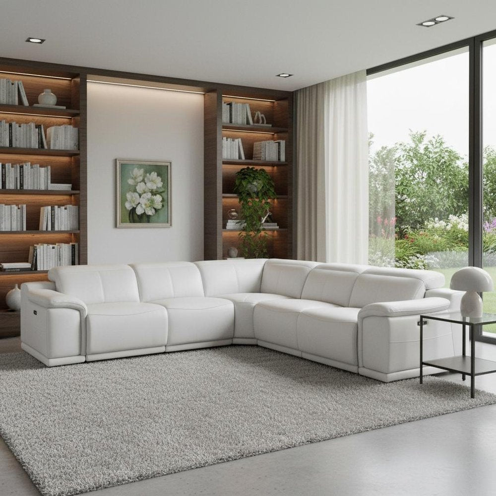 White Italian Leather Power Reclining L Shaped Five Piece Corner Sectional - 35" H x 110" W x 110" D