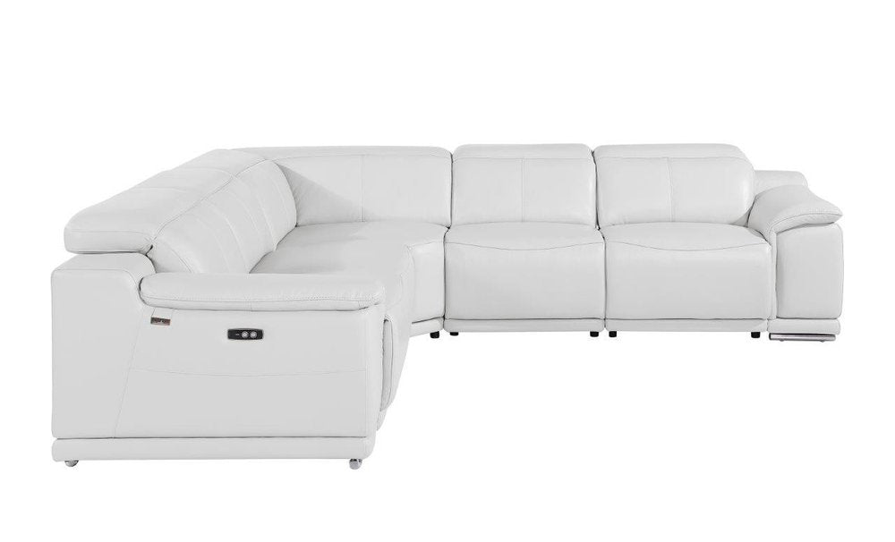 White Italian leather L-shaped five-piece power reclining corner sectional sofa on a white background.