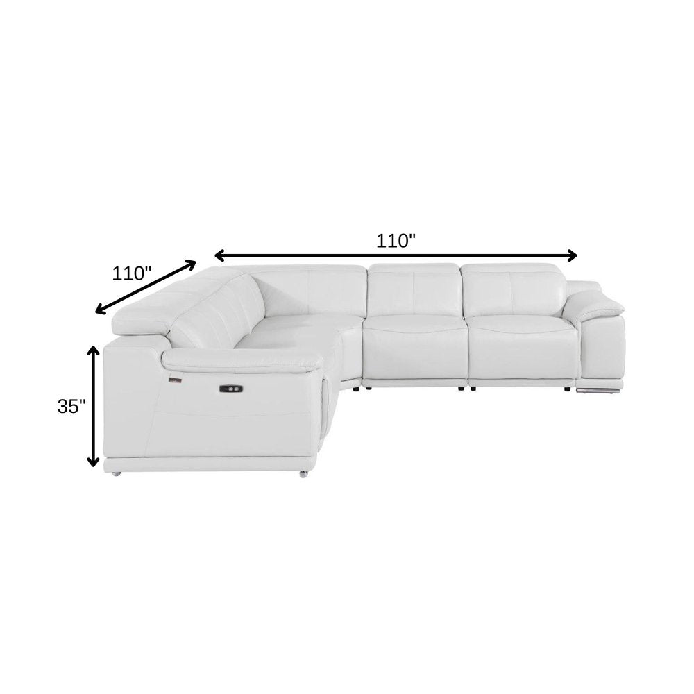 White Italian Leather Power Reclining L Shaped Five Piece Corner Sectional - 35" H x 110" W x 110" D
