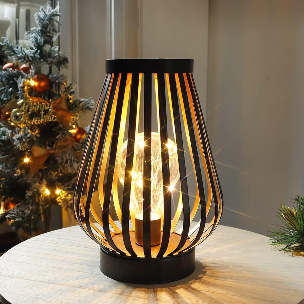 9" Black Metal Lantern Bedside Lamp LED With Black Novelty Shade in a home interior