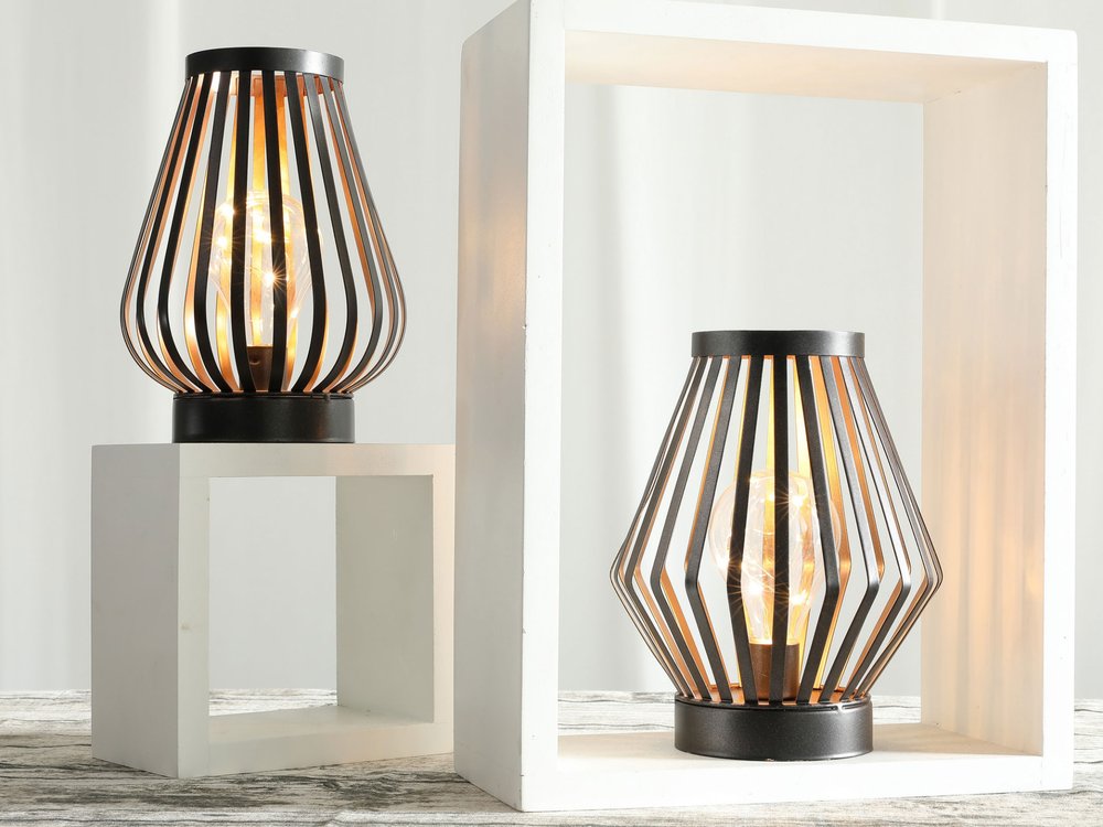 9" Black Metal Lantern Bedside Lamp LED With Black Novelty Shade close-up detail