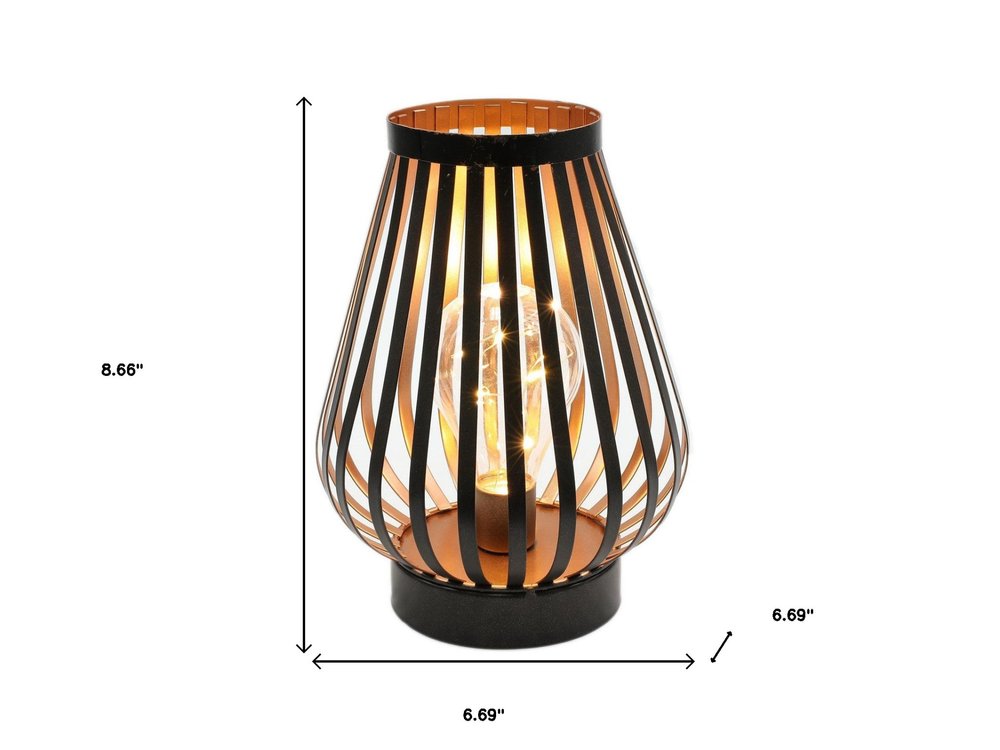 9" Black Metal Lantern Bedside Lamp LED With Black Novelty Shade on a white background