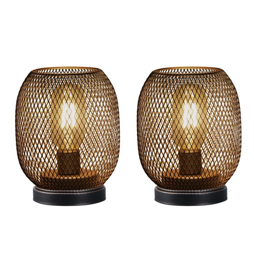 Two black metal bedside lamps with lattice cage shades and visible bulbs on a white background.