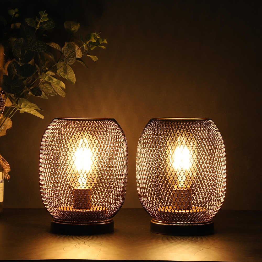 Set of Two 7" Black Metal Lantern Bedside Lamps With Black Lattice Cage Shade