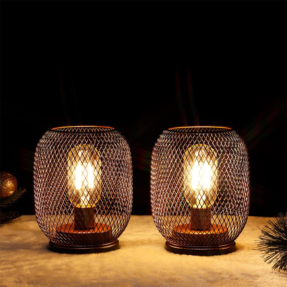 Set of Two 7" Black Metal Lantern Bedside Lamps With Black Lattice Cage Shade