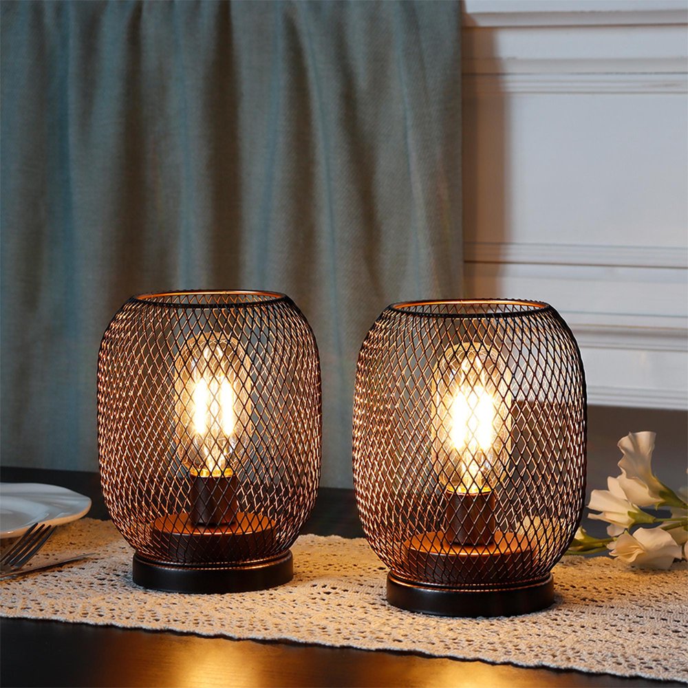 Set of Two 7" Black Metal Lantern Bedside Lamps With Black Lattice Cage Shade