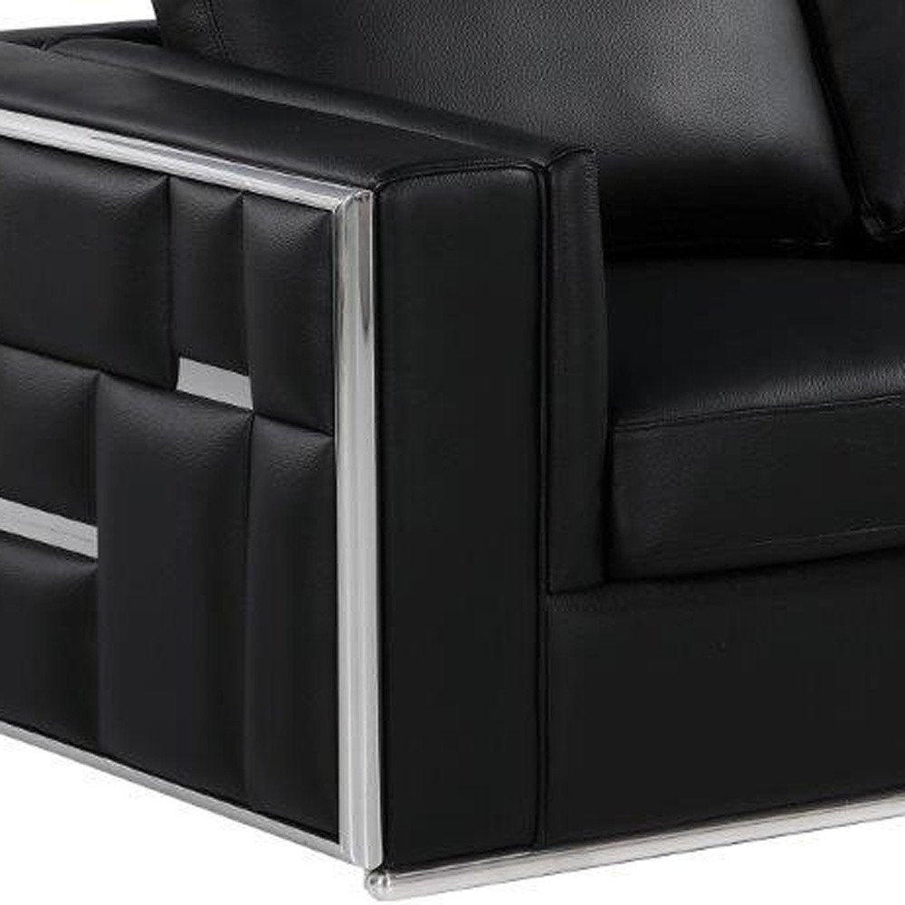73" Black And Silver Metallic Top Grain Leather Loveseat close-up detail