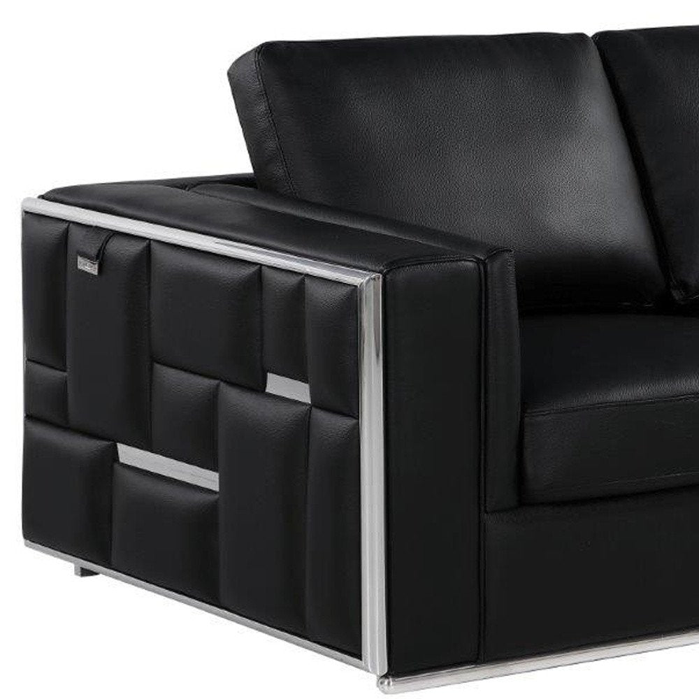 73" Black And Silver Metallic Top Grain Leather Loveseat on a white background