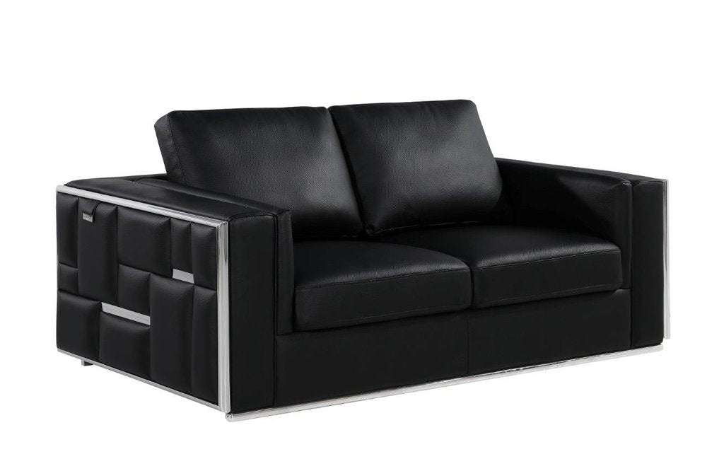 73" Black And Silver Metallic Top Grain Leather Loveseat on a white background