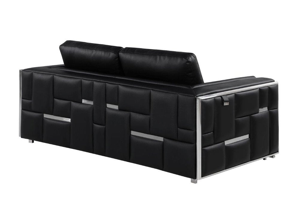 73" Black And Silver Metallic Top Grain Leather Loveseat on a white background
