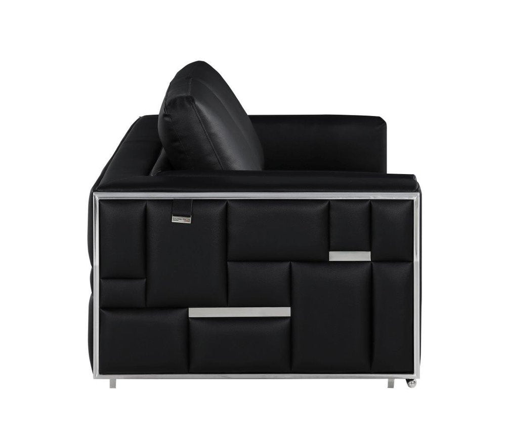 73" Black And Silver Metallic Top Grain Leather Loveseat on a white background