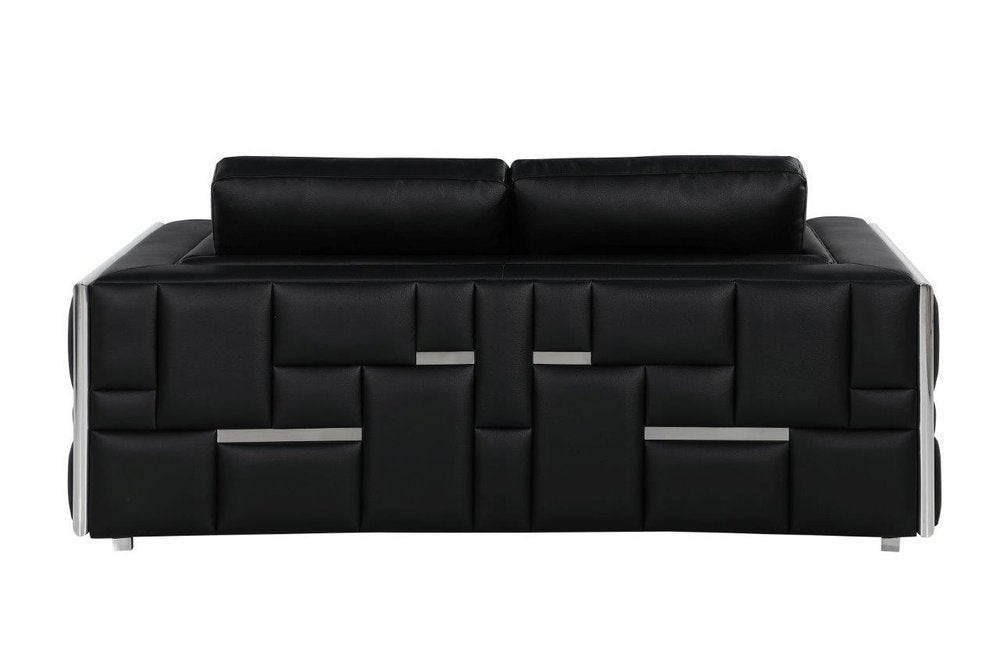 73" Black And Silver Metallic Top Grain Leather Loveseat on a white background