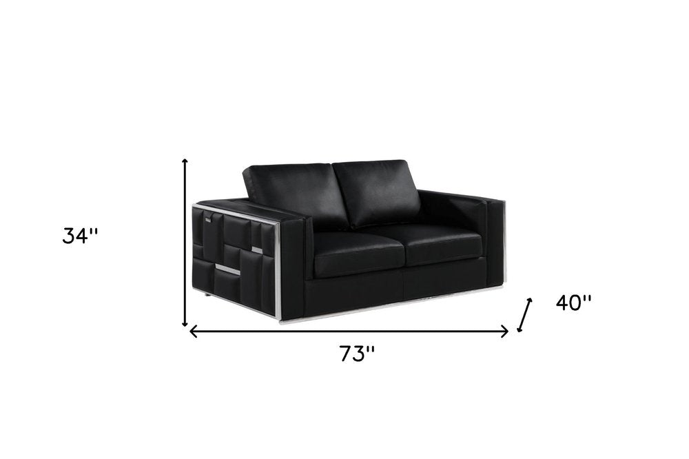 73" Black And Silver Metallic Top Grain Leather Loveseat on a white background