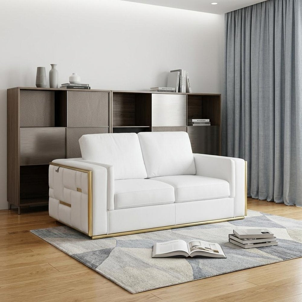 73" White And Silver Metallic Top Grain Leather Loveseat in a home interior