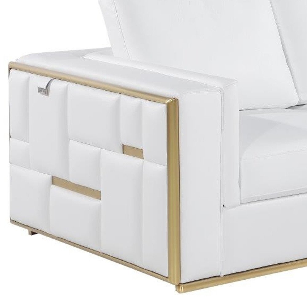 73" White And Silver Metallic Top Grain Leather Loveseat on a white background