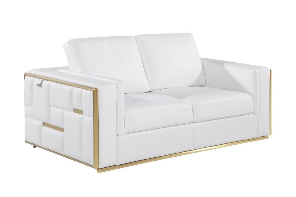 73" White And Silver Metallic Top Grain Leather Loveseat on a white background