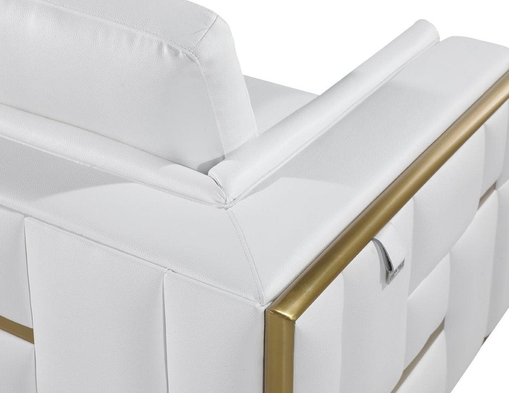 73" White And Silver Metallic Top Grain Leather Loveseat close-up detail