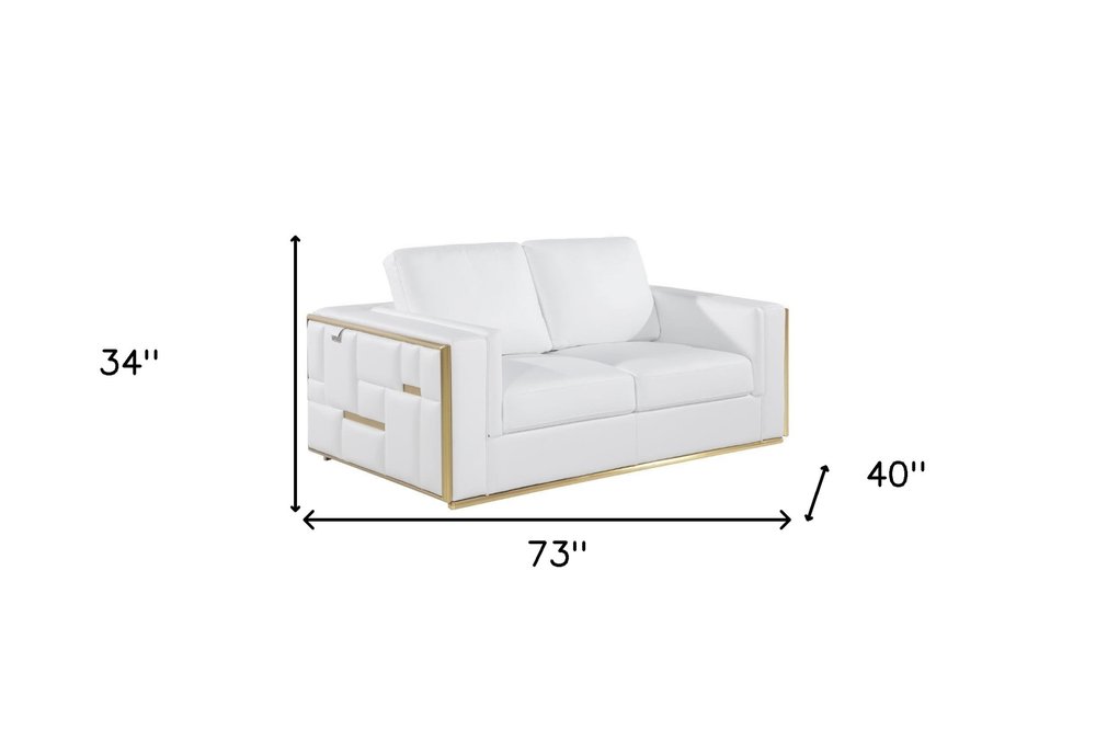 73" White And Silver Metallic Top Grain Leather Loveseat on a white background