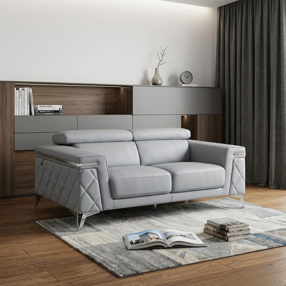 70" Light Blue And Silver Metallic Top Grain Leather Loveseat