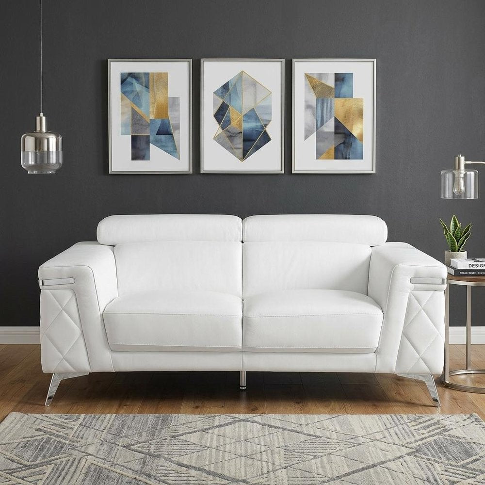 70" White And Silver Metallic Top Grain Leather Loveseat